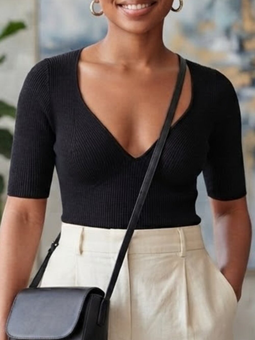 FREE PEOPLE NWOT Intimately Ribbed Knit Cropped Top Black Short Sleeve XS